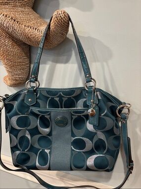Coach Teal Signature Shoulder Bag with Metallic Accents